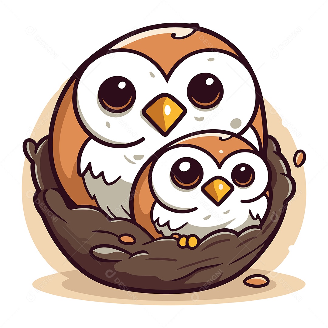 Corujas no Ninho Desenho Animado Ilustração Vetor EPS