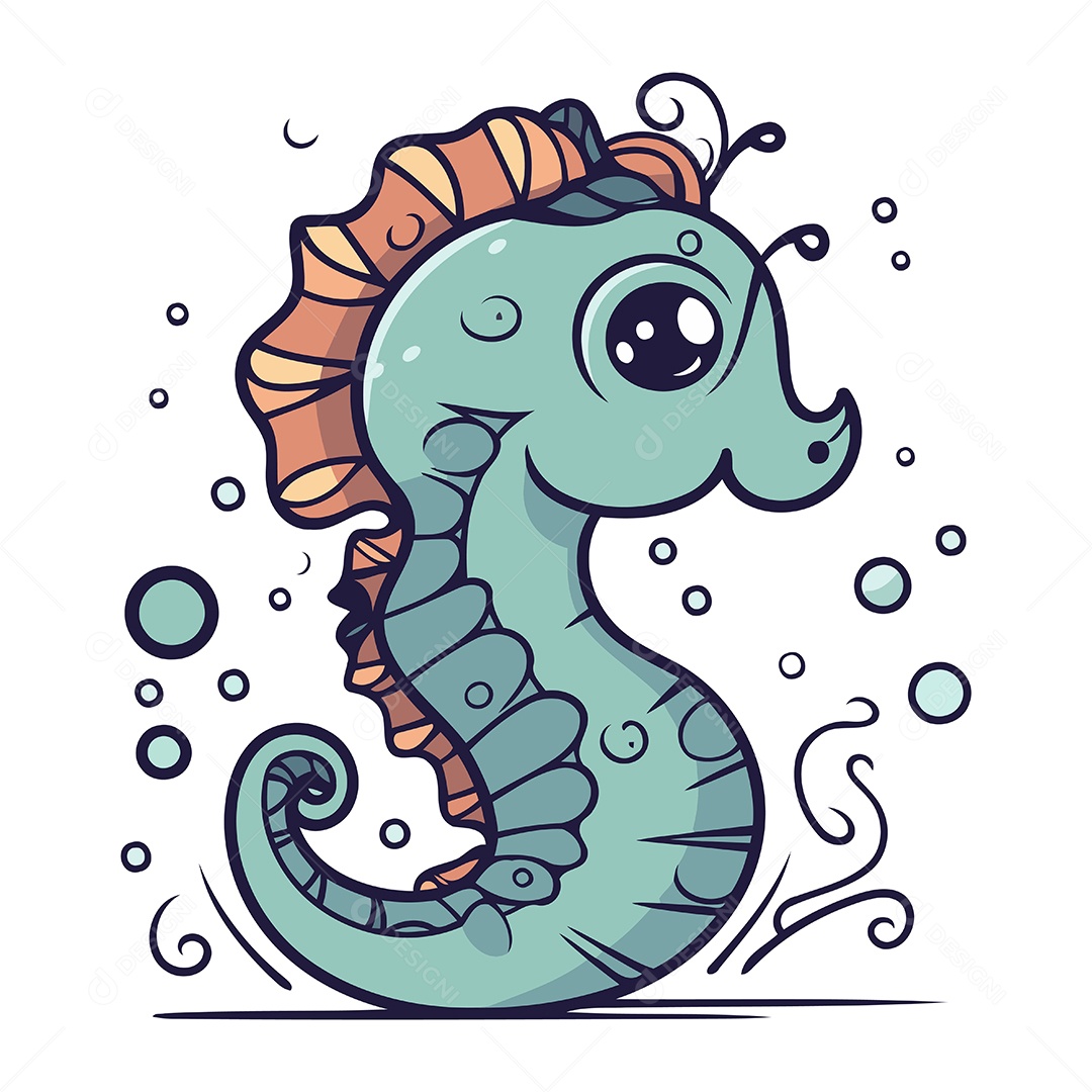 Cavalo Marinho Fofo de Desenho Animado Ilustração Vetor EPS