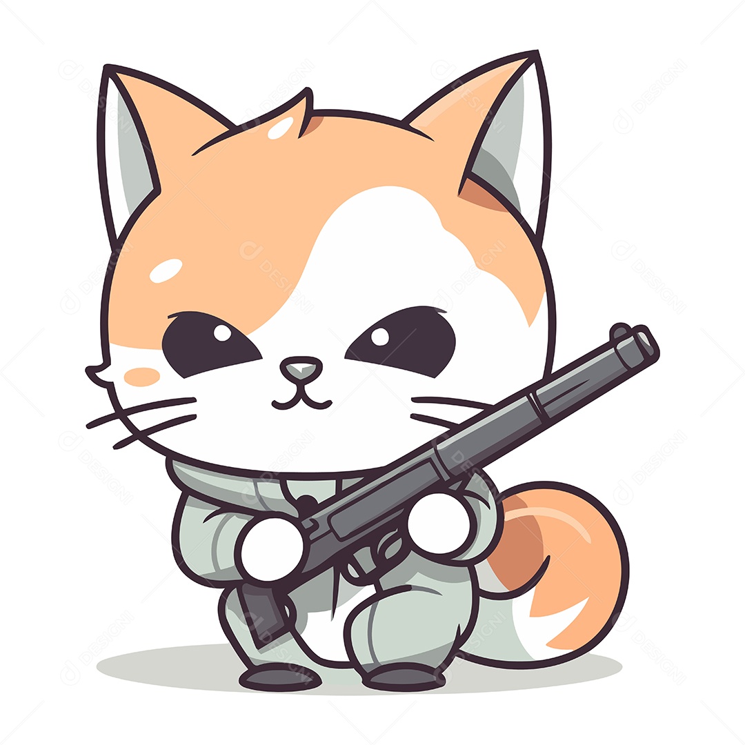 Gato Fofo com uma Arma Desenho Animado Ilustração Vetor EPS
