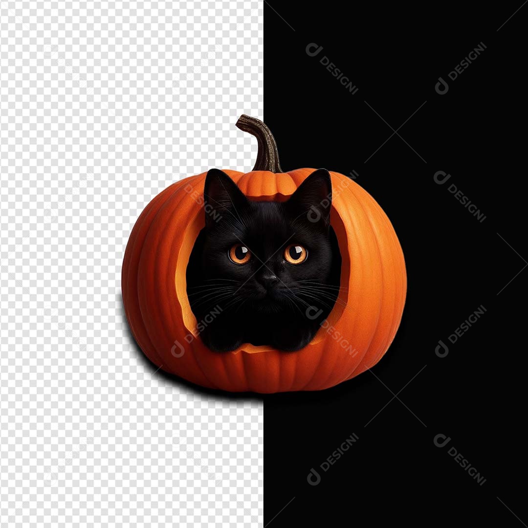 Elemento 3D Gato Preto Dentro De Abóbora Para Composição PSD
