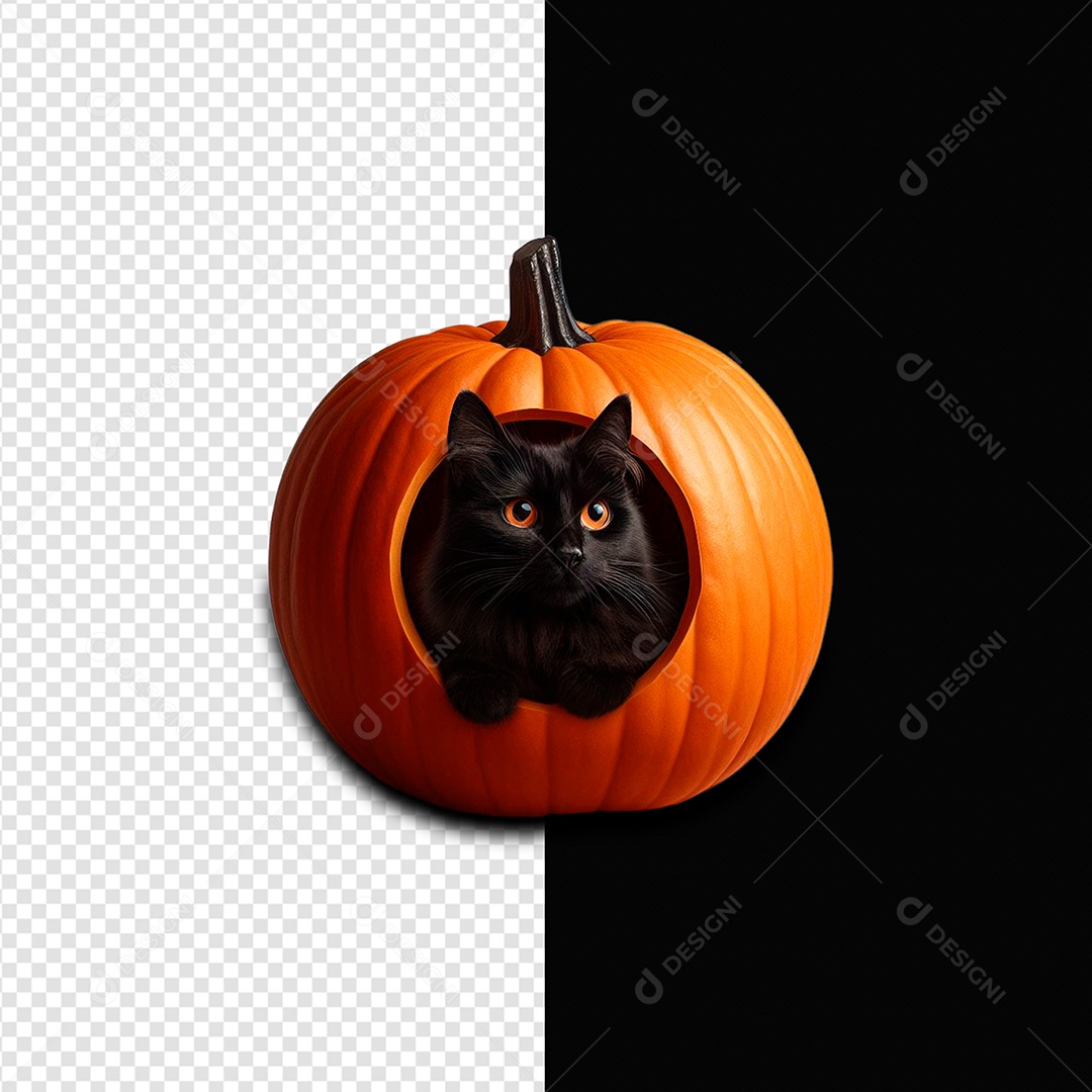 Elemento 3D Gato Preto Dentro De Abóbora Para Composição PSD