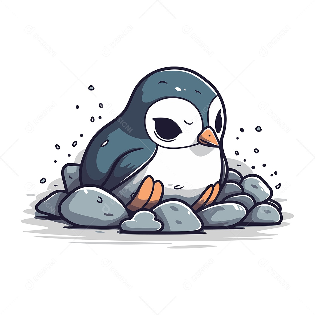 Pinguim Fofo Sentado na Pedra Ilustração vetor EPS