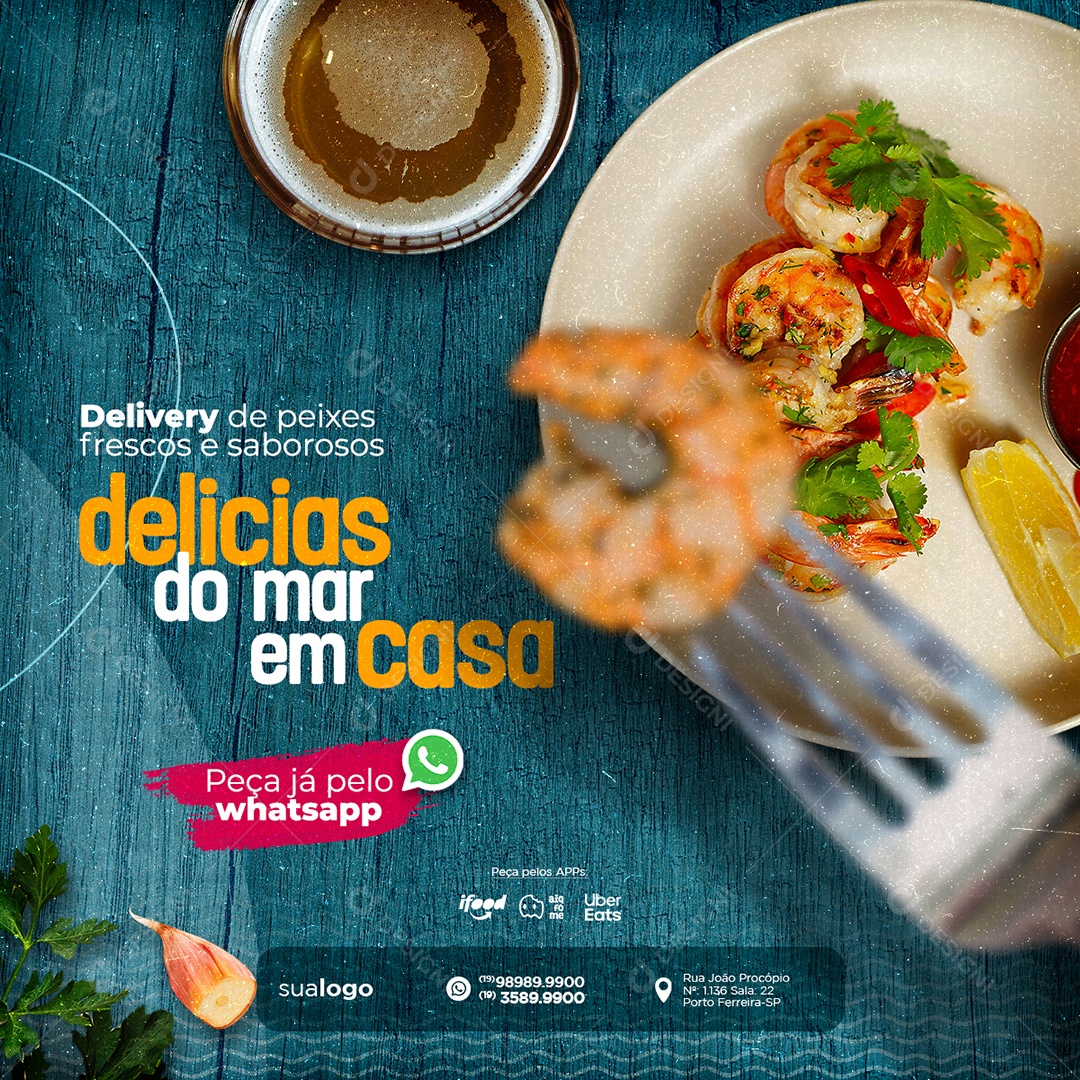 Delivery De Peixes Delicias Do Mar em Casa Social Media PSD Editável