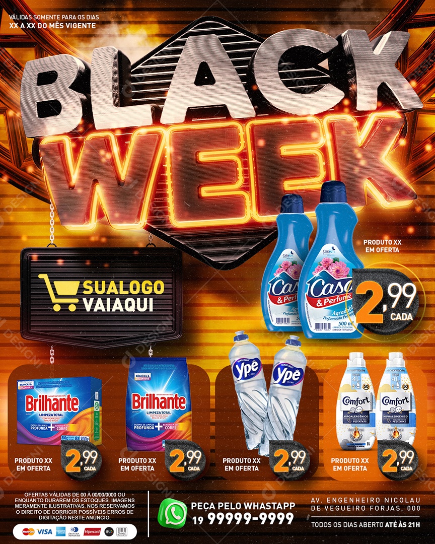 Social Media Tabloide Black Friday Supermercado Amaciante Caixa de Sabão em Pó Detergente PSD Editável