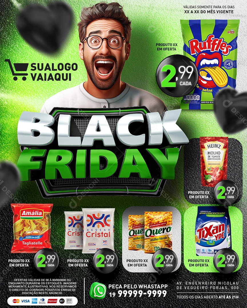 Social Media Tabloide Black Friday Supermercado Maionese Açúcar Cristal Sabão em Pó PSD Editável