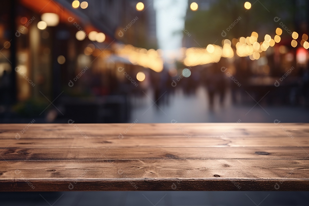 Mesa de madeira vazia sobre fundo de restaurante desfocado