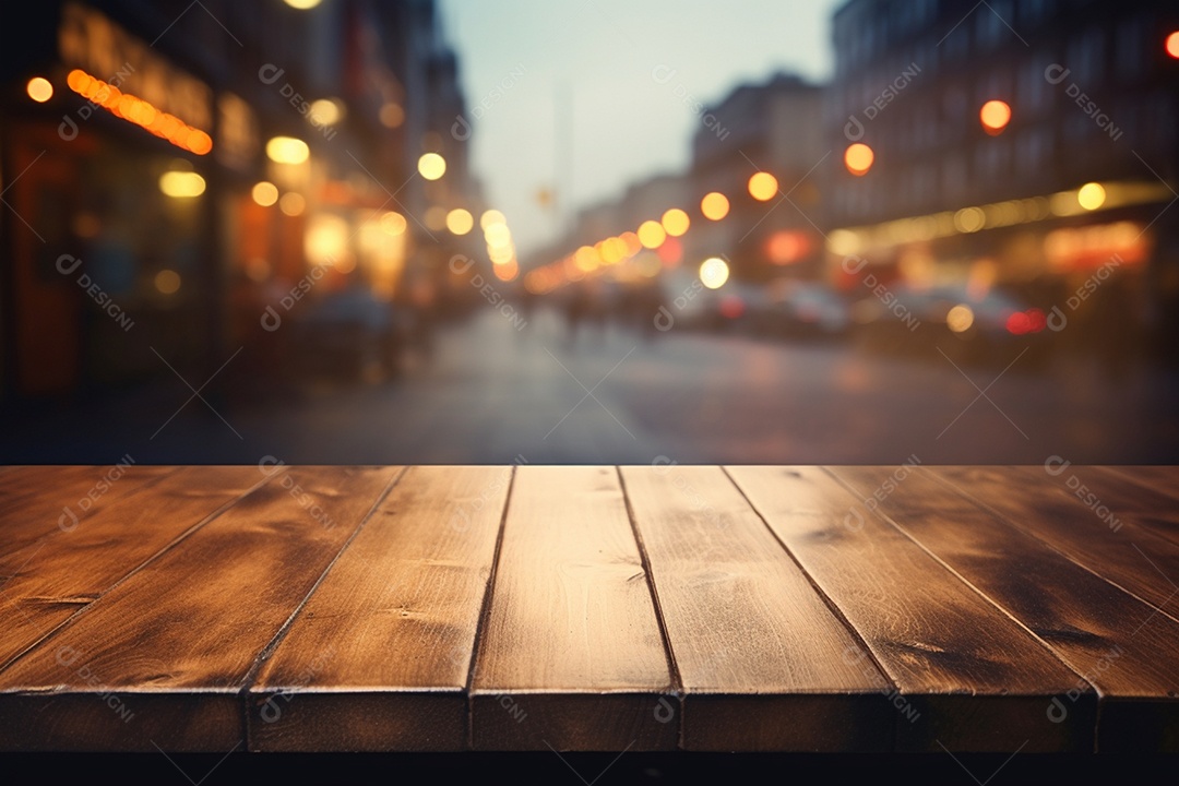 Mesa de madeira vazia sobre fundo de restaurante desfocado