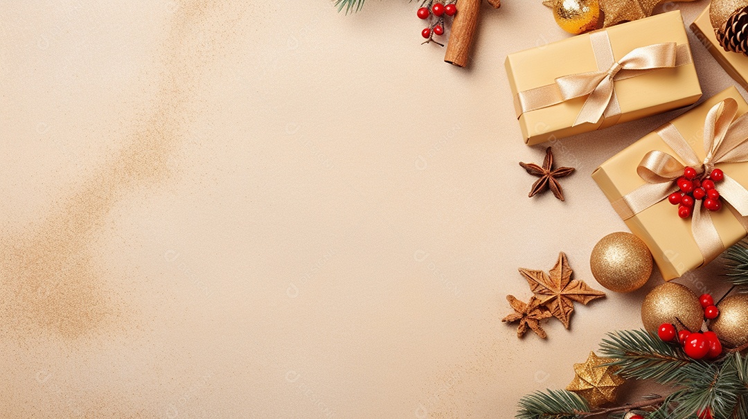 Fundo de presentes e ornamentações de natal