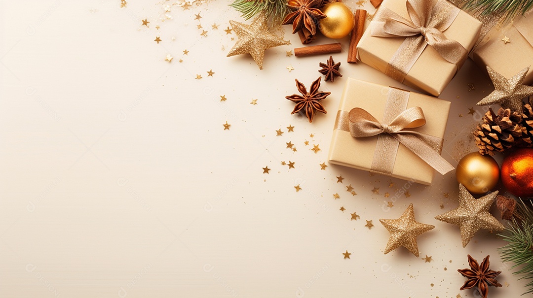 Fundo de presentes e ornamentações de natal