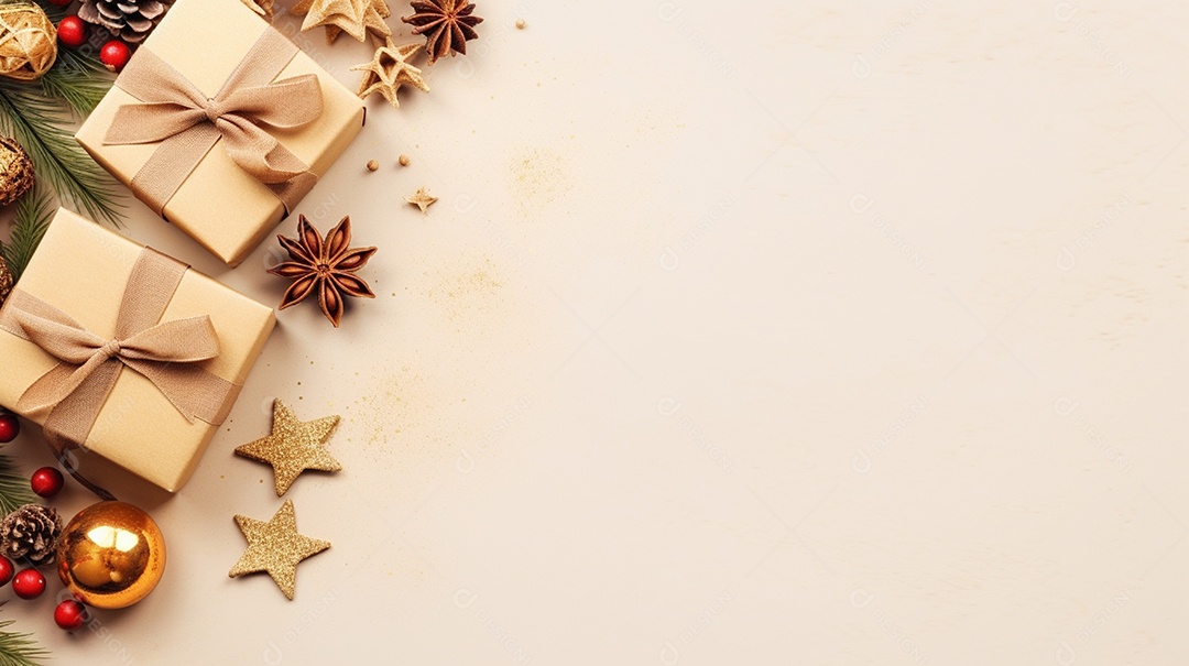 Fundo de presentes e ornamentações de natal