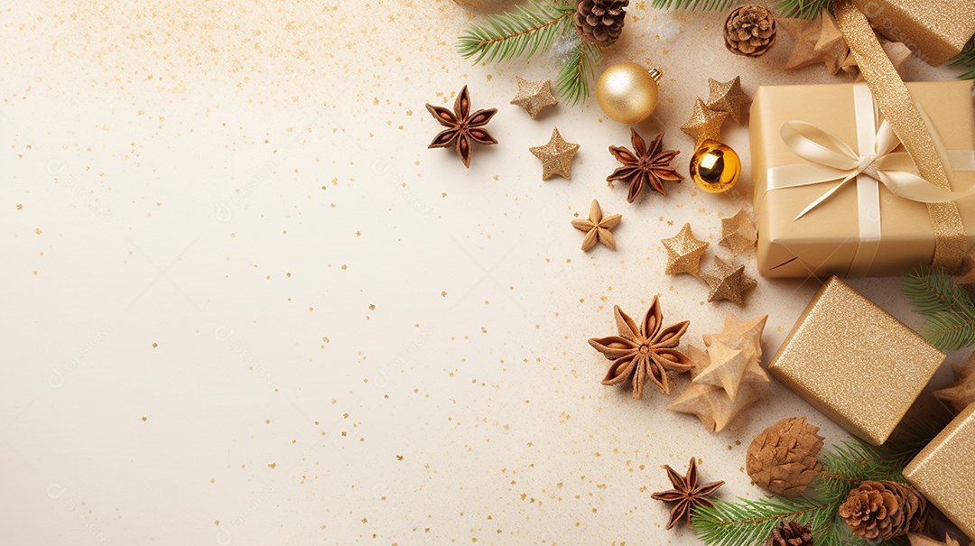 Fundo de presentes e ornamentações de natal