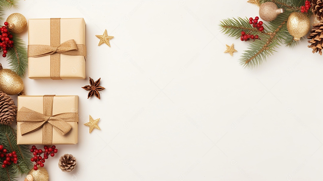 Fundo de presentes e ornamentações de natal