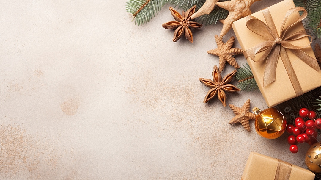 Fundo de presentes e ornamentações de natal