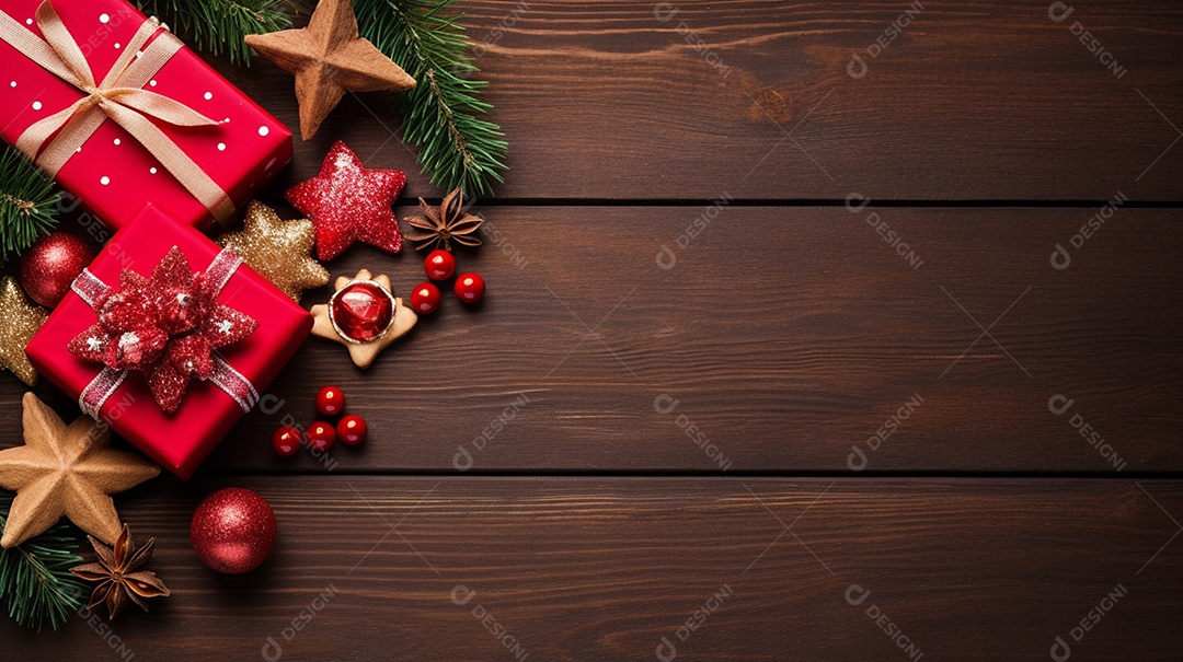 Fundo de presentes e ornamentações de natal