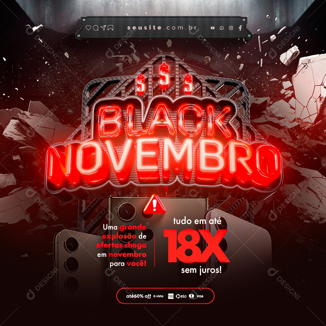 Black Novembro Uma Grande Explosão de Ofertas Tudo em Até 18x Sem Juros Social Media PSD Editável