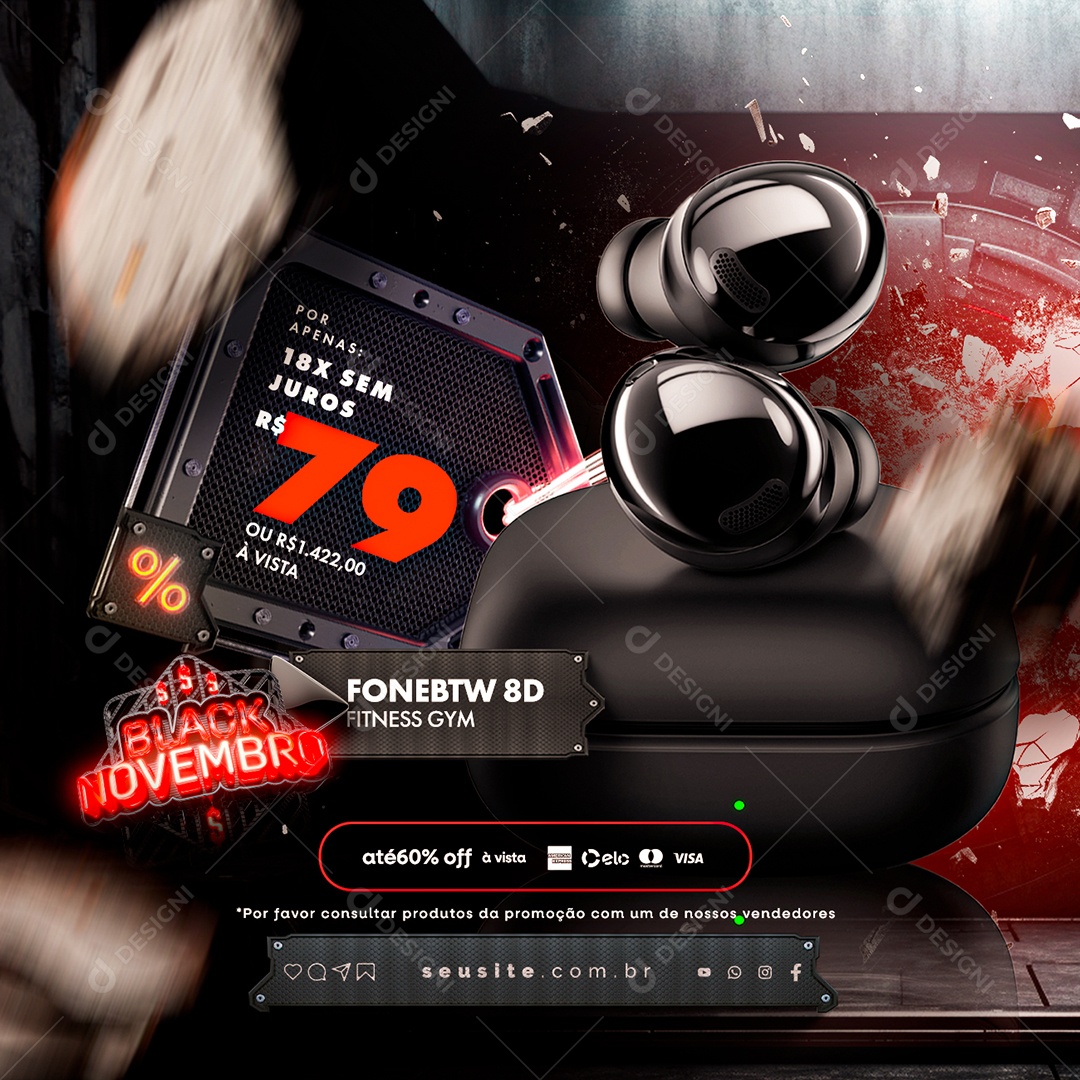 Black Novembro Fone BTW 8D 18x Sem Juros Social Media PSD Editável