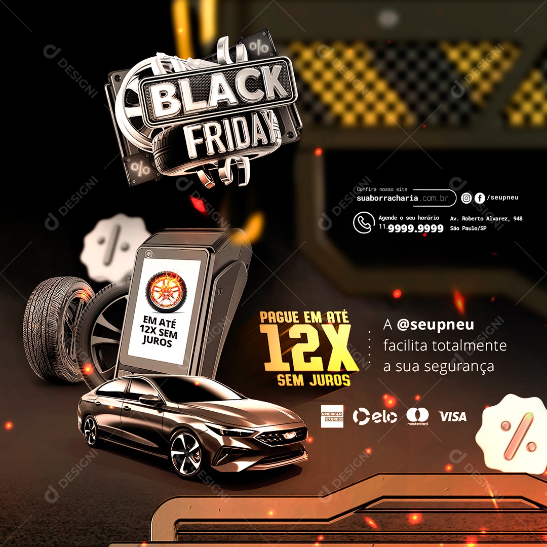 Black Friday Loja de Pneus Pague em Até 12x Sem Juros Social Media PSD Editável