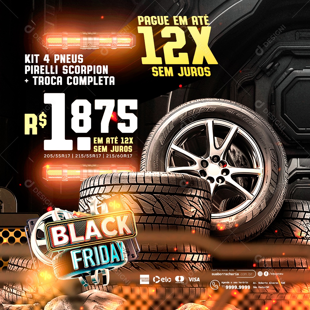 Black Friday Loja de Pneus Kit 4 Pneus Pirelli Scorpion Pague em Até 12x Sem Juros Social Media PSD Editável