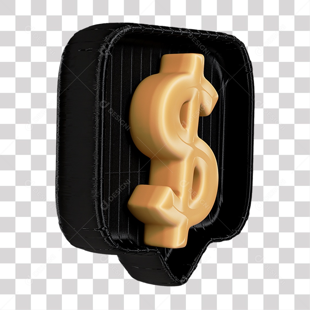 Elemento 3D de Cifrão Dourado e Preto para Composição PNG Transparente
