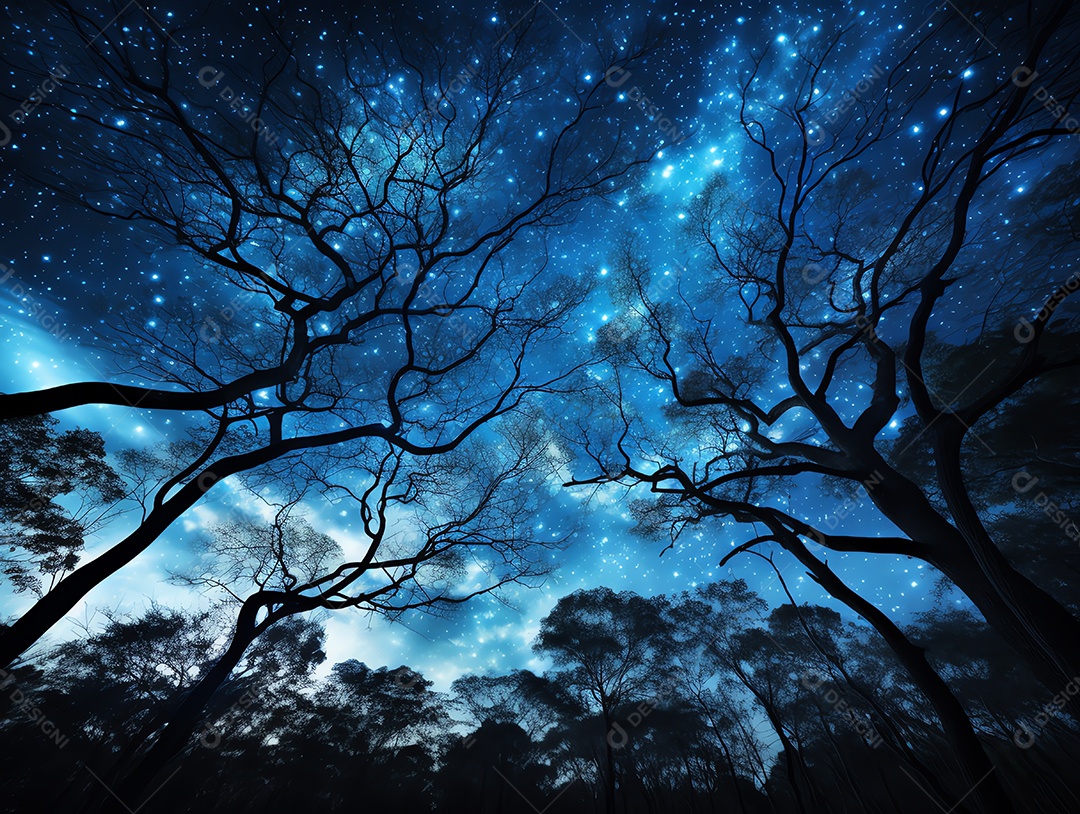 Lindo céu noturno com a via láctea e árvores ao fundo