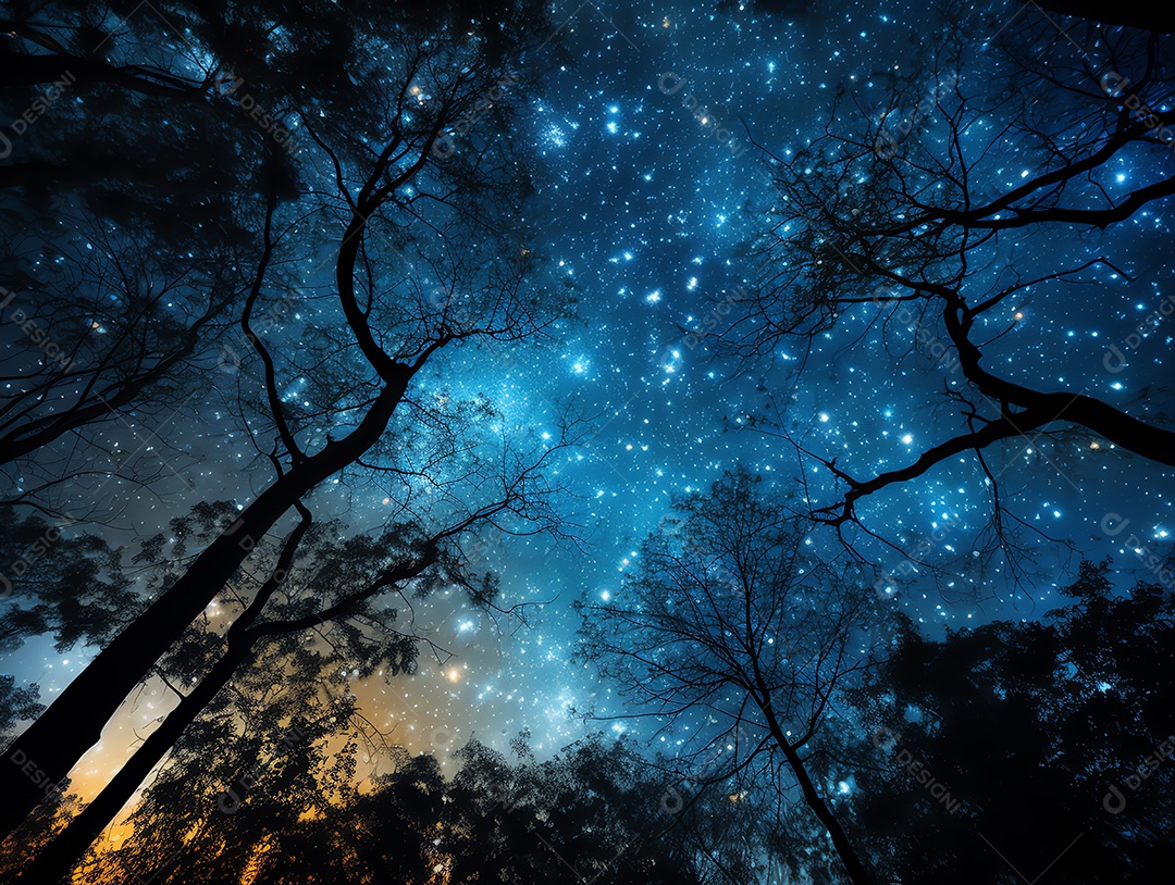 Lindo céu noturno com a via láctea e árvores ao fundo