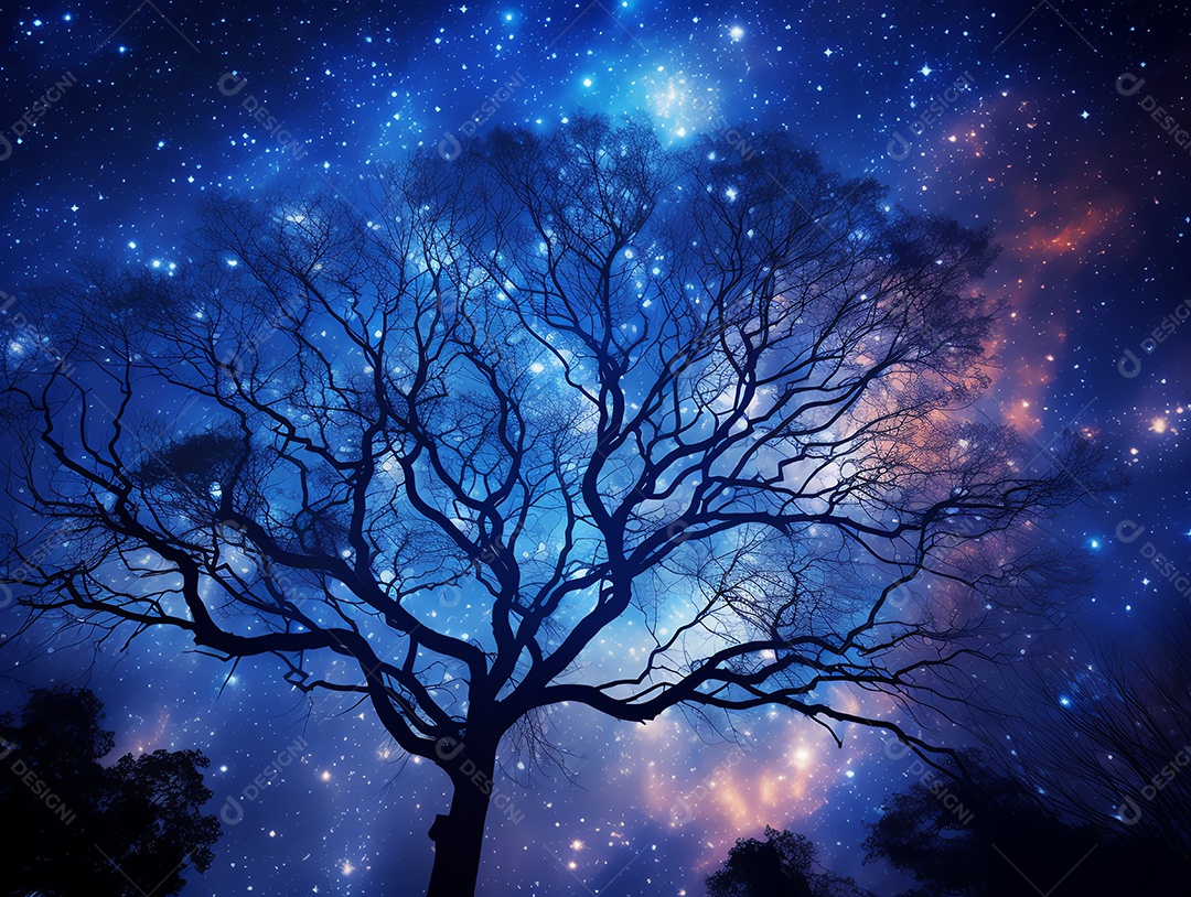 Lindo céu noturno com a via láctea e árvores ao fundo