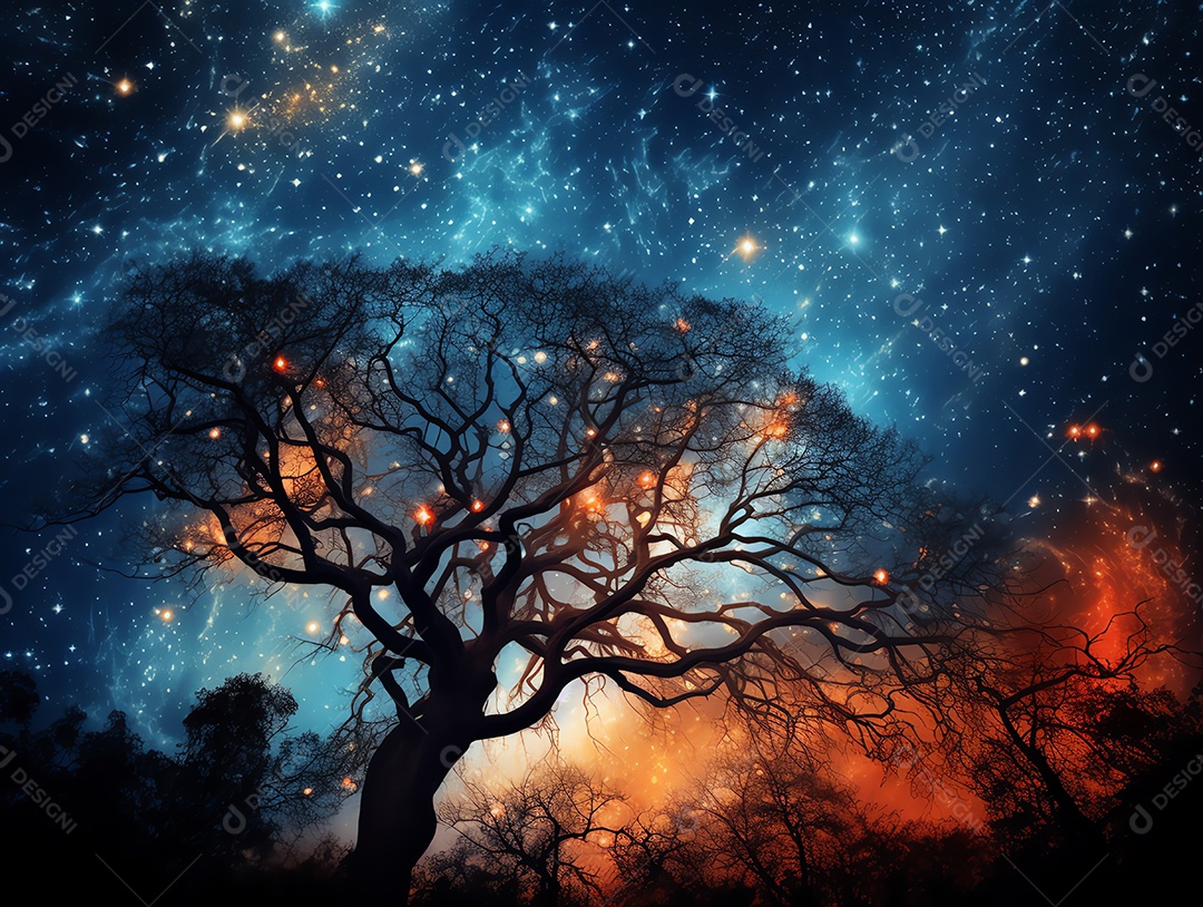 Lindo céu noturno com a via láctea e árvores ao fundo