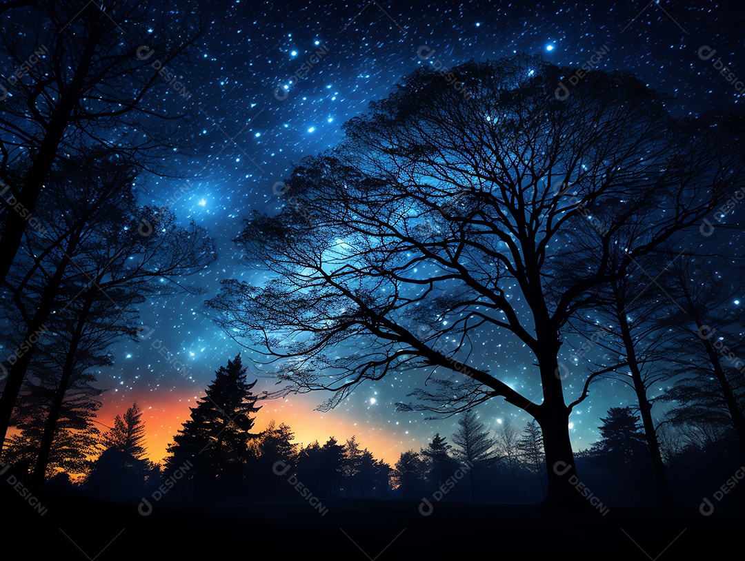 Lindo céu noturno com a via láctea e árvores ao fundo