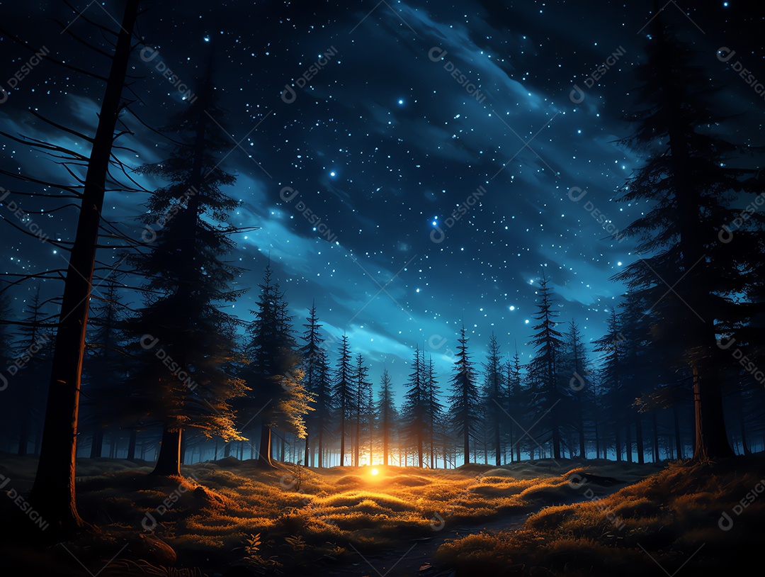 Lindo céu noturno com a via láctea e árvores ao fundo