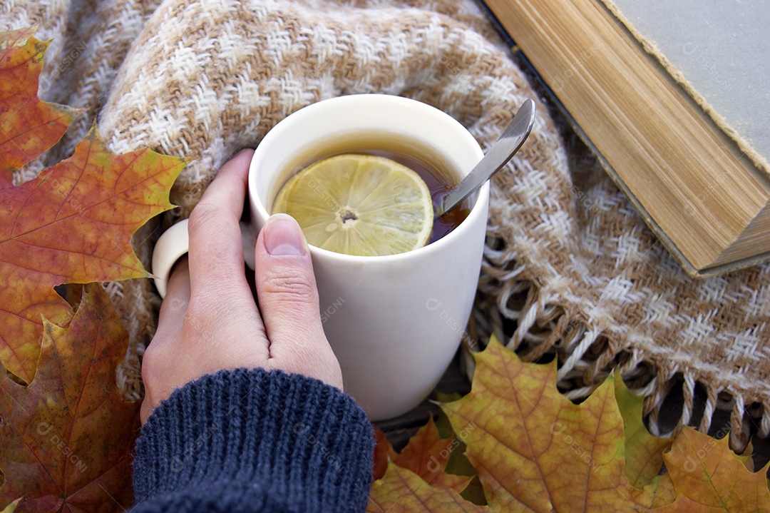 Mão segurando xícara de chá com limão dentro um livro e folhas ao redor