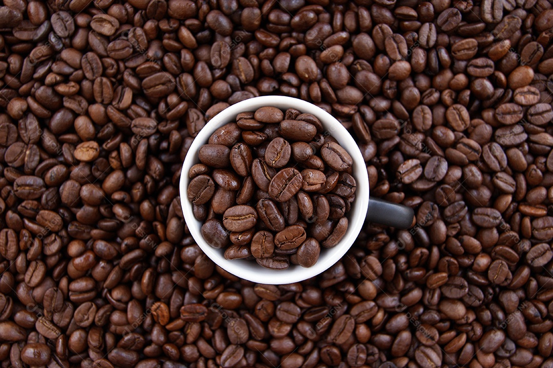 Uma xícara cheia de grãos mistura de diferentes tipos de grãos de café