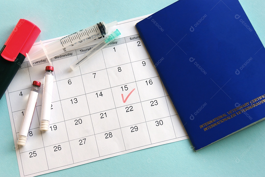 Calendário marcado por data de vacinação e passaporte