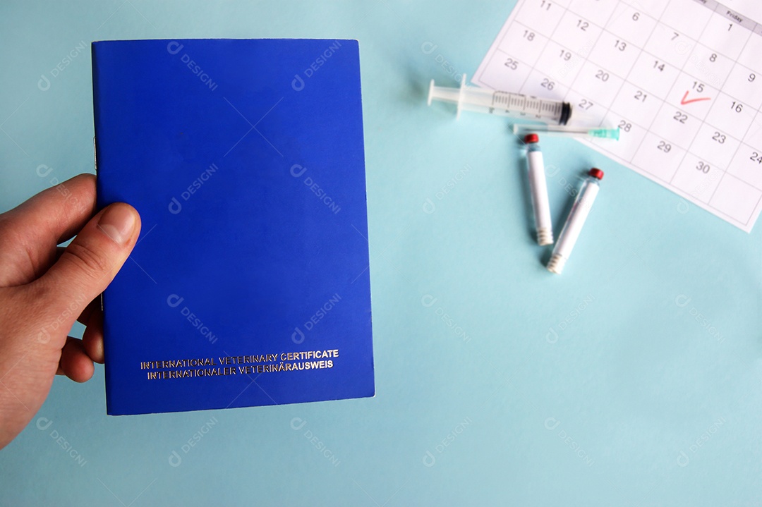 Mão segurando passaporte de fundo calendário e seringas