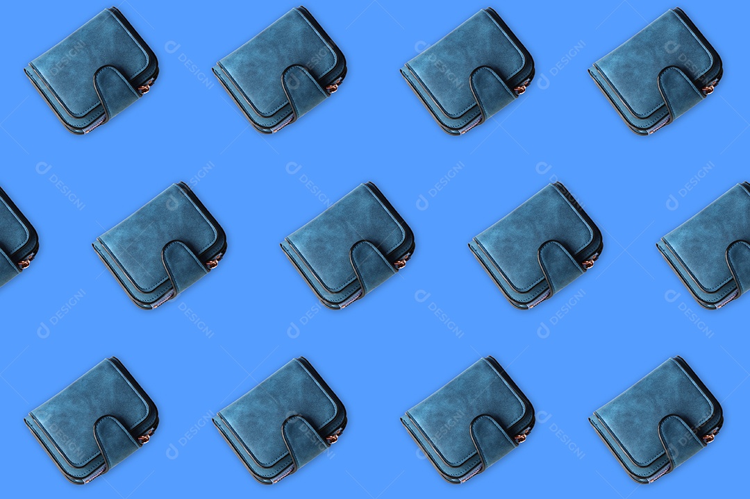 Várias carteiras femininas azuis sobre fundo azul