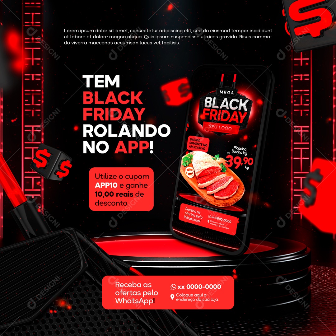 Social Media Tem Black Friday Rolando No App Açougue PSD Editável