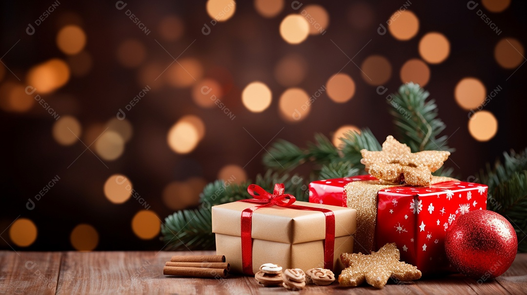 Fundo de presentes e ornamentações de natal