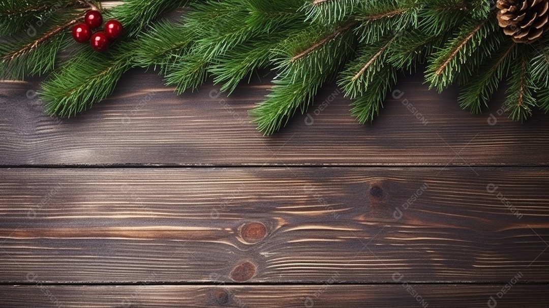 Mesa de madeira com decoração de pinheiros de natal