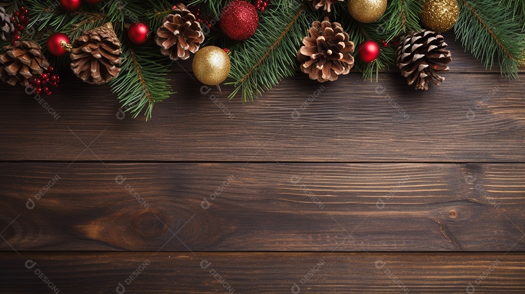 Mesa de madeira com decoração de pinheiros de natal