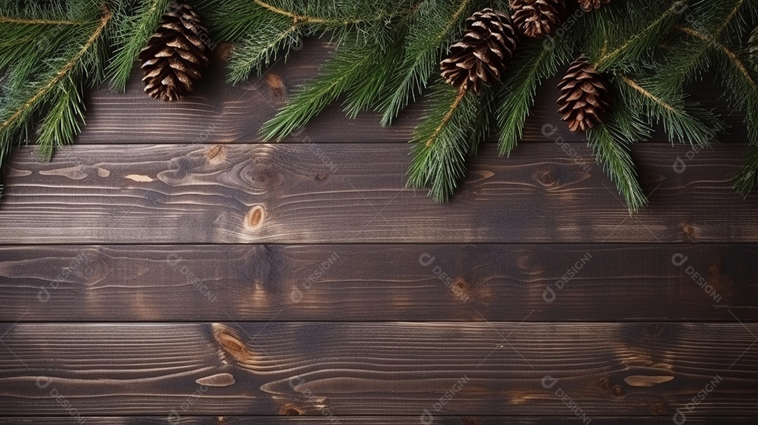 Mesa de madeira com decoração de pinheiros de natal