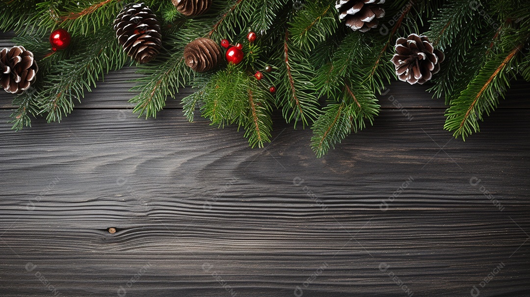 Mesa de madeira com decoração de pinheiros de natal