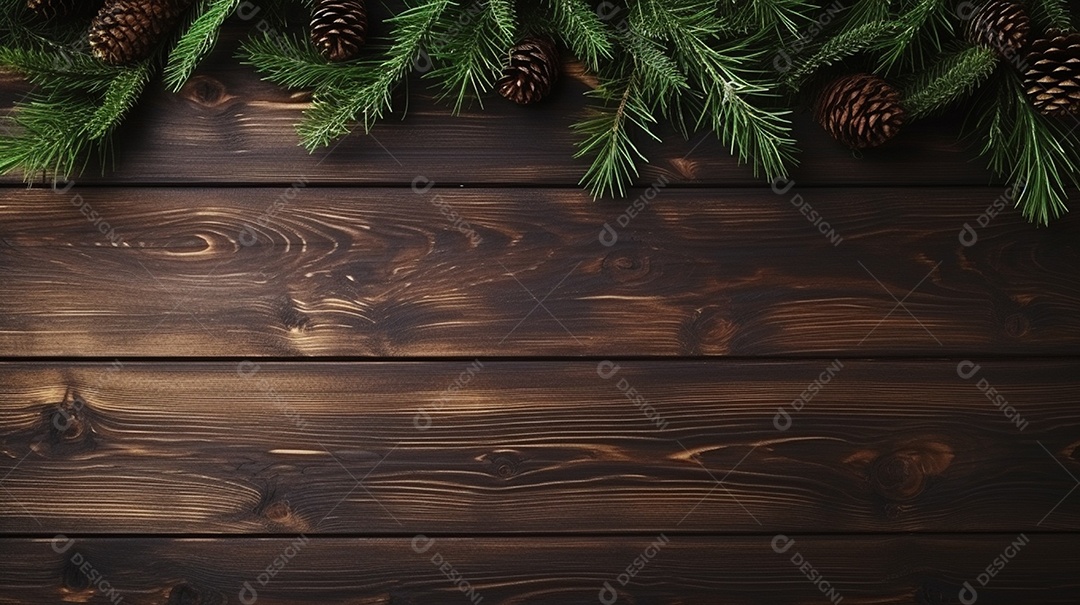 Mesa de madeira com decoração de pinheiros de natal