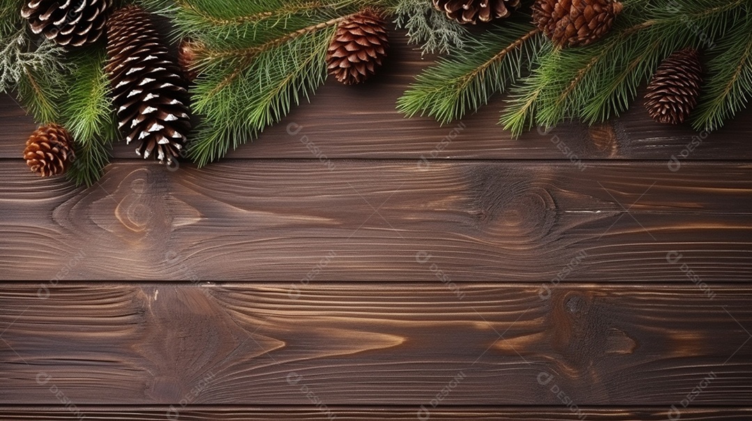 Mesa de madeira com decoração de pinheiros de natal