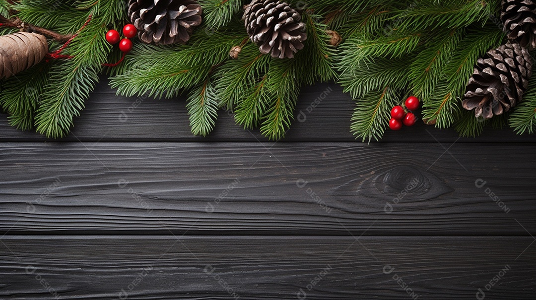 Mesa de madeira com decoração de pinheiros de natal
