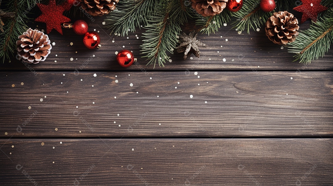 Mesa de madeira com decoração de pinheiros de natal