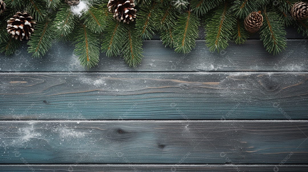 Mesa de madeira com decoração de pinheiros de natal