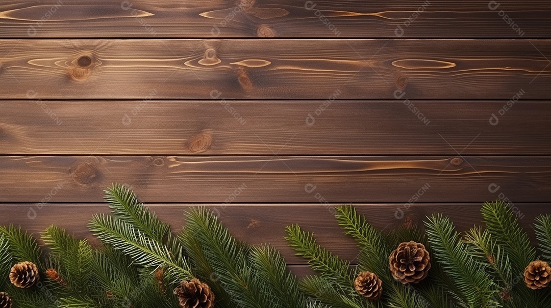 Mesa de madeira com decoração de pinheiros de natal
