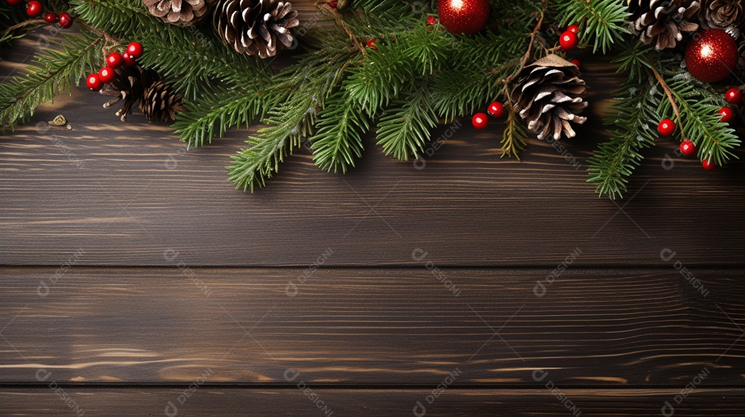 Mesa de madeira com decoração de pinheiros de natal