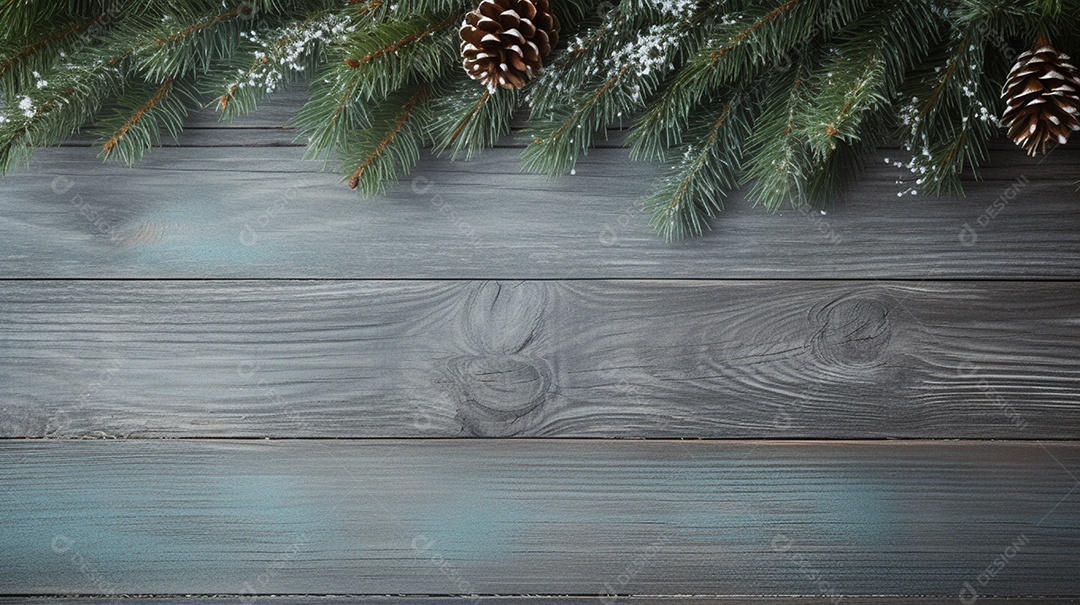 Mesa de madeira com decoração de pinheiros de natal