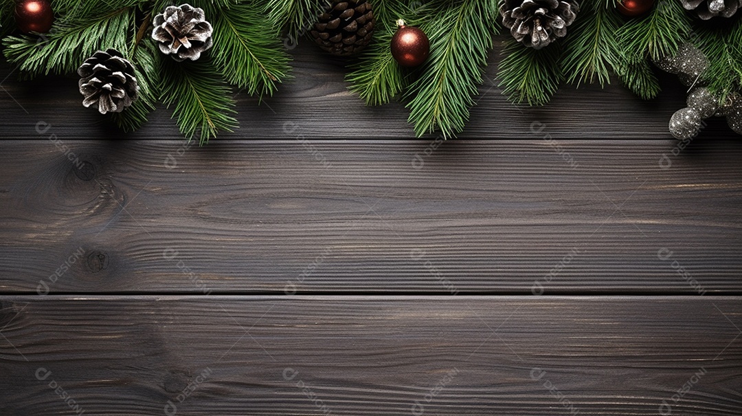 Mesa de madeira com decoração de pinheiros de natal