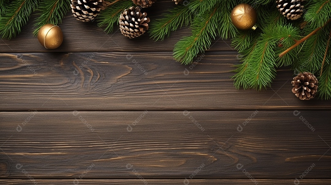 Mesa de madeira com decoração de pinheiros de natal